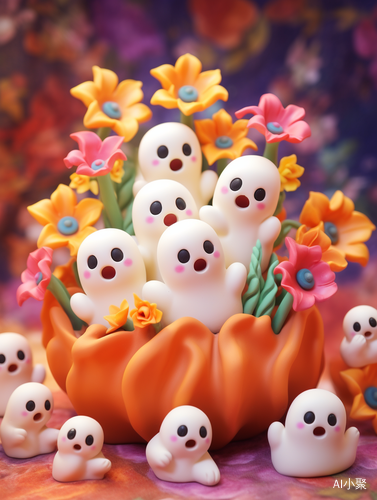 3D Claymation Style: Cute Ghosts and Flowers