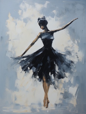 Elegant dancer in mid-leap, minimalist silhouette, oil painting style, graceful, moonlit with expressive brush strokes