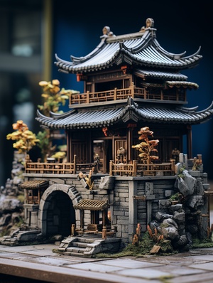 ：Blind box, building model, history, Chinese ancient architecture, realistic details,Unreal surreal background