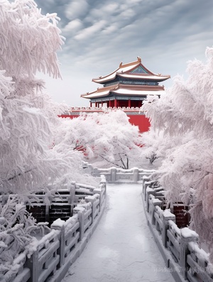 forbidden city, china, by dekun, in the style of snow scenes, white and crimson, colorful melancholy, rural china, majestic composition, layered and atmospheric landscapes