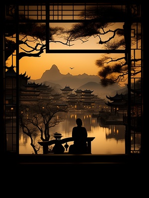 Ancient China Silhouette Window Picture in Picture