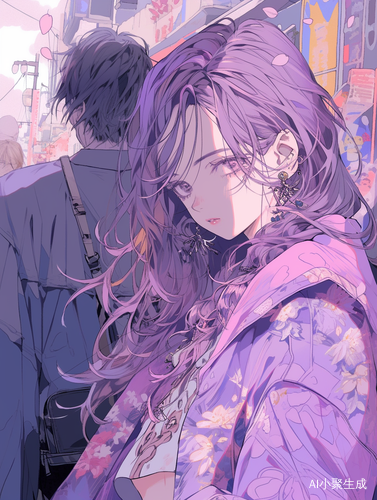 紫色背景下的男主注视女主