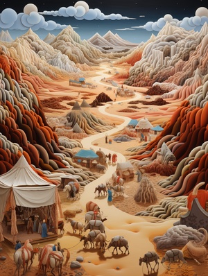 Silk Road Journey: Caravans, Silk Fabrics, Traders, and Artwork