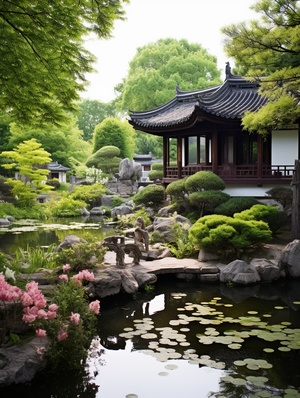 chinese style, Amidst a tranquil house garden, surrounded by the beauty of nature, with koi ponds, bamboo groves, a bridge, and blooming flowers, a sense of calm, natural world