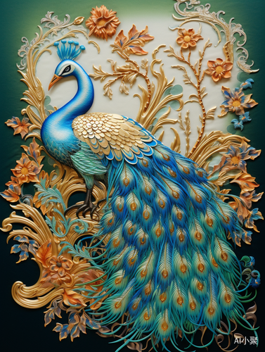 Chinese Embroidery Craft: Golden-Blue-Green Phoenix and Birds