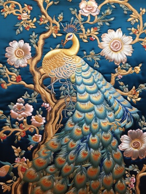 Chinese Embroidery Craft: Golden-Blue-Green Phoenix and Birds