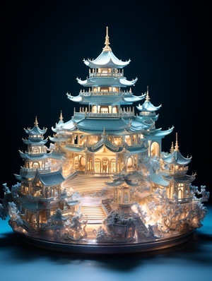 miniature lit up asian pagoda, in the style of dreamlike cityscapes, light cyan and gold, delicate fantasy worlds, layered translucency, intricate cityscapes, meticulous design