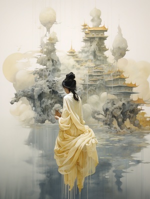 Dreamlike Oriental Landscape Painted with Lake