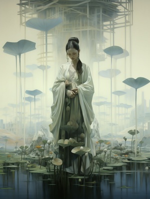 Prompt:an orientallandscape painted withlake,Shrouded in mist, like a fairyland,in thestyle of tran nguyen, detailed architecturedreamlike installations, zhichao cai,luminosityof water,intricate composition, natural sceneryar 3:4