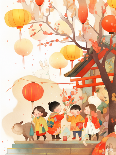 Chinese New Year Illustration: Kids Playing in Courtyard