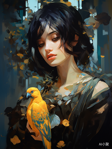 Dreamlike Illustration: Woman Holding Bird in Anime-Influenced Golden Palette