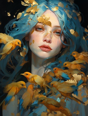 a painting of a woman hoding thebird, in the style of dreamlike illustrations, golden palette, anime-influenced, serene faces, dark cyan and amber, close up, fairycore后缀：ar 83:128＄250v 6.0