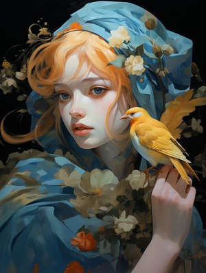 a painting of a woman hoding thebird, in the style of dreamlike illustrations, golden palette, anime-influenced, serene faces, dark cyan and amber, close up, fairycore后缀：ar 83:128＄250v 6.0