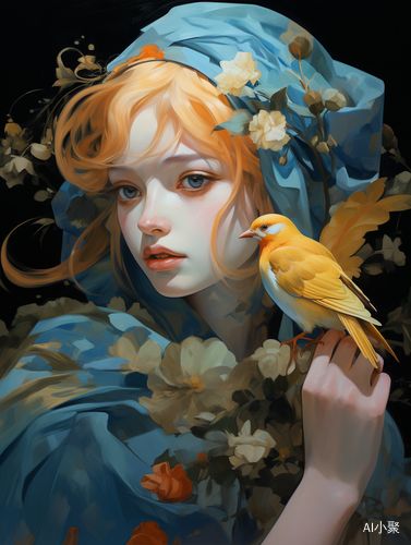 Dreamlike Illustration: Woman Holding Bird in Anime-Influenced Golden Palette