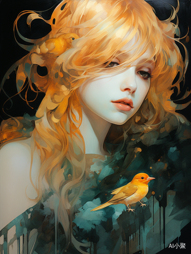 Dreamlike Illustration: Woman Holding Bird in Anime-Influenced Golden Palette