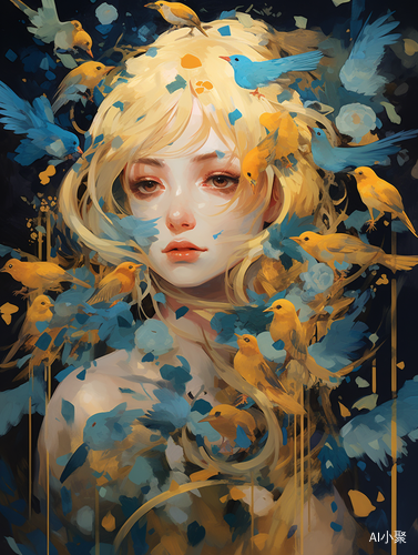 Dreamlike Illustration: Woman Holding Bird in Anime-Influenced Golden Palette