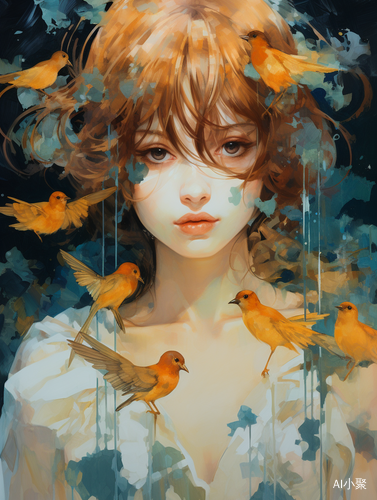 Dreamlike Illustration: Woman Holding Bird in Anime-Influenced Golden Palette