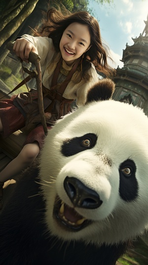 A girl riding on a giant panda, dressed in Chinese clothing, with milky white skin, smooth skin, 32k, RAW photo, ultra-high resolution, best quality, masterpiece): 1.2, (wide-angle, wide-angle lens, panoramic: 1.2), ultra long distance, ultra wide-angle, low angle shooting, ultra wide-angle lens, (realism, realism): 1.2; Professional lighting, (professional photos), perfect dissection, clear focus, (highly detailed), bamboo forest, water,