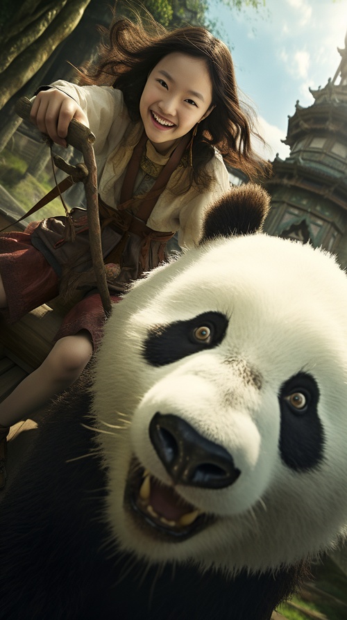 A girl riding on a giant panda, dressed in Chinese clothing, with milky white skin, smooth skin, 32k, RAW photo, ultra-high resolution, best quality, masterpiece): 1.2, (wide-angle, wide-angle lens, panoramic: 1.2), ultra long distance, ultra wide-angle, low angle shooting, ultra wide-angle lens, (realism, realism): 1.2; Professional lighting, (professional photos), perfect dissection, clear focus, (highly detailed), bamboo forest, water,