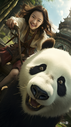 A Girl Riding on a Giant Panda in Chinese Clothing with Milky White Skin: Ultra-High Resolution and Best Quality