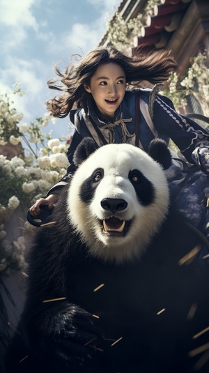 A girl riding on a giant panda, dressed in Chinese clothing, with milky white skin, smooth skin, 32k, RAW photo, ultra-high resolution, best quality, masterpiece): 1.2, (wide-angle, wide-angle lens, panoramic: 1.2), ultra long distance, ultra wide-angle, low angle shooting, ultra wide-angle lens, (realism, realism): 1.2; Professional lighting, (professional photos), perfect dissection, clear focus, (highly detailed), bamboo forest, water,