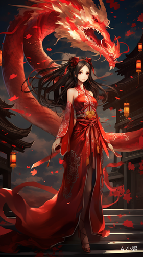 Chinese Girl in Red Dress Standing in front of Oriental Dragon