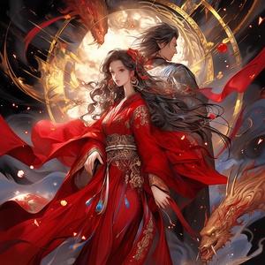 Stars, masterpieces, a beautiful ancient style woman and a handsome ancient style man gaze at each other, surrounded by a Chinese dragon of the best quality, masterpieces, a red background, the best shadows, the best light, the beautiful and detailed starry sky, brilliant starlight, radiant appearance, charming eyes, sapphire eyes, colorful eyes, crystal palace, crystal lotus imprint, exquisite red Hanfu, gorgeous jewelry, Inlaid with natural diamonds, ice and snow, white hair crystal crown, beautiful face,