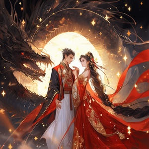 Stars, masterpieces, a beautiful ancient style woman and a handsome ancient style man gaze at each other, surrounded by a Chinese dragon of the best quality, masterpieces, a red background, the best shadows, the best light, the beautiful and detailed starry sky, brilliant starlight, radiant appearance, charming eyes, sapphire eyes, colorful eyes, crystal palace, crystal lotus imprint, exquisite red Hanfu, gorgeous jewelry, Inlaid with natural diamonds, ice and snow, white hair crystal crown, beautiful face,