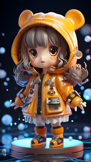 Blind Box Style girl fullbody, chibi,Super cute girl, little girl, smile, beartranslucent raincoat, blind box, bubblematt design exaggerated pressure andmovement, bright light,exaggeratedpressure and action, bright lights, claymaterials, precision mechanical parts,shut upintensity, 3d, super detailed, C4D,Octane rating rendering, bear, mixer, 8K,