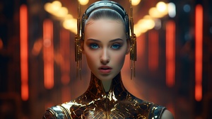 Portrait photograph of a beautiful female android, cinematic in style, Tortoiseshell pattern skin,laser etched gilt eyebrows and lashes