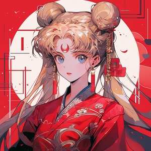 新年，New Year，happy，Sailor MOON, a beautiful girl warrior, happy, red and blue Chinese doll, sailor moon comic style, appropriation artist, shining eyes, pale color palette, apple, new Baroque, tondo ar 60:61