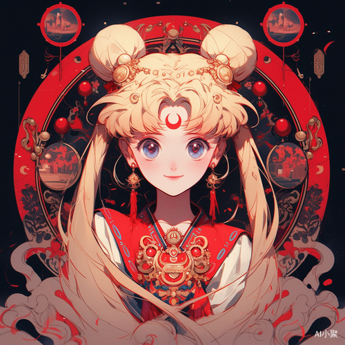 新年快乐的美丽战士: Sailor Moon和中国红蓝布娃娃的漫画风格