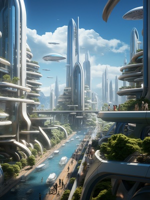 Sparkling Futuristic City with Drones, Skyscrapers, and Flying Machines