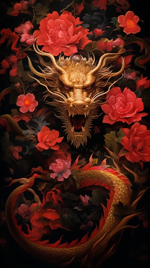 Night jungle, close-up, a red Chinese dragon, flashing in the darkness, showing golden eyes, golden dragon scales, horns and whiskers, surrounded by flowers, golden large roses, overall red dragon scales, decorated with golden dragons, in a dark and contemplative designer style, clean and concise composition, luxurious decorative paintings, highly detailed leaves, golden light, optical illusion paintings, close-up intensity, hyperrealistic animal illustrations, flower surrealism, precisionist art, red paint