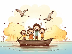 Simple cartoon,stick figure style,white background,children happy,on the boat,lake,trees,sunny,birds