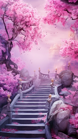 the pink cherry blossoms near staircases, in the style of surrealistic dreamlike scenes, mesmerizing colorscapes ar 9:16