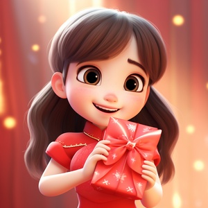 Pixar style,A super cute and happy little girl, Wearing red Chinese New Year dress, Holding a New Year red envelope in hand, so cute, Bright big eyes, Sweet smile, Fairy tale, Chinese New Year Background, Festive background, Bright colors, Natural light, Super clear, Super realistic, Super fine, Illusion engine, Octane rendering,8 K,3 D,HD ar 3:4 niji 5 no words