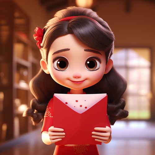 Pixar style,A super cute and happy little girl, Wearing red Chinese New Year dress, Holding a New Year red envelope in hand, so cute, Bright big eyes, Sweet smile, Fairy tale, Chinese New Year Background, Festive background, Bright colors, Natural light, Super clear, Super realistic, Super fine, Illusion engine, Octane rendering,8 K,3 D,HD ar 3:4 niji 5 no words