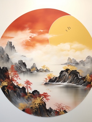 意境水墨，岩彩板绘，鎏金，流动，中国山水画，日出，油画