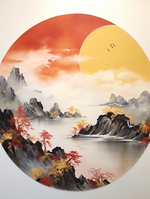 意境水墨，岩彩板绘，鎏金，流动，中国山水画，日出，油画