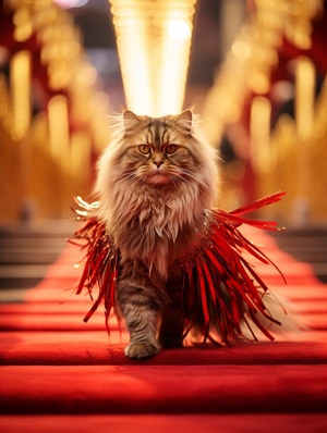 the cat are walking on the red carpet at the awards ceremony.the cat is super star.the cat wearing a dress with a Chinese Phoenix prined on it.the background is intense flashlights on the red Capet.anthropomorphic photo real .classic composition. masterpiece.exquisite.color correction. amazing visual effects. crazy details. intricate details.sharp focus HD.8K