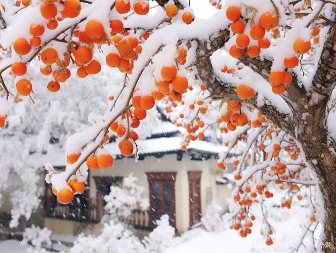 江南小镇的柿子树下厚厚白雪中的雪花摄影