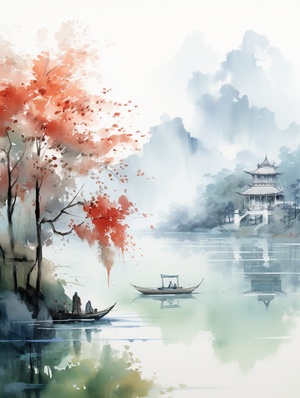 徐阳华的中国水彩画，以平静对称的风格，数字绘画，浪漫的河景，传统动画，淡青和红色