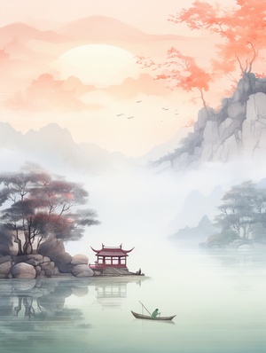 徐阳华的中国水彩画，以平静对称的风格，数字绘画，浪漫的河景，传统动画，淡青和红色