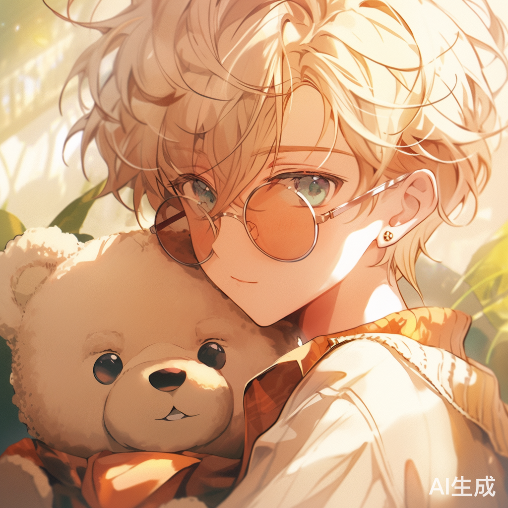 金发男孩带墨镜抱小熊，可爱动漫大师作品