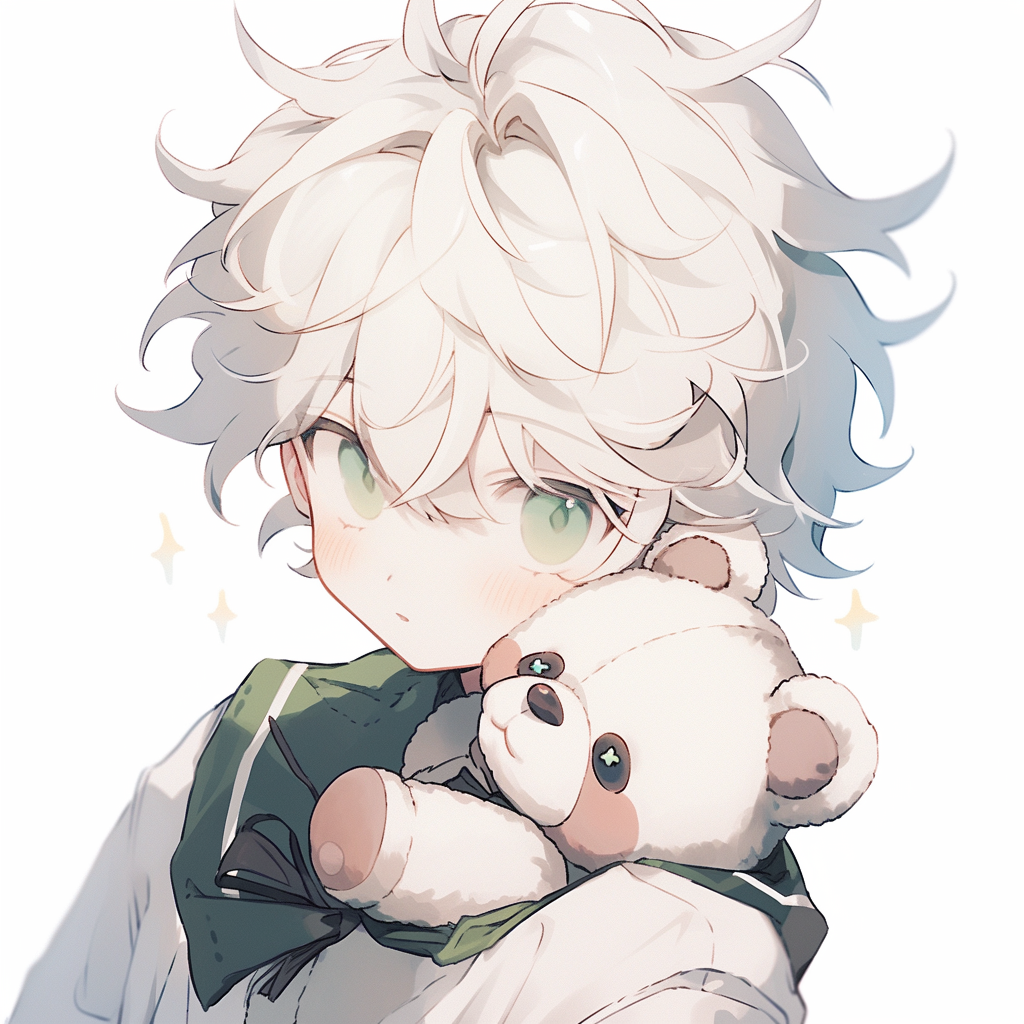 可爱白发男孩拥抱小熊娃娃