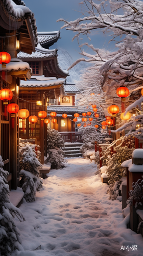 Beautiful Winter Snow Scene with Red Fruits and Lanterns