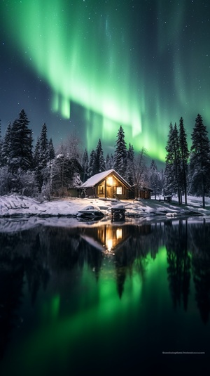 绚丽的绿色极光在寒冷的夜空中舞动，照亮了覆盖着洁白雪花的广袤土地。微风穿过高耸的松树林，发出沙沙声，树上的雪花飘落下来，轻轻点缀着大地。清澈的湖面倒映着天空和山脉的轮廓，充满了神秘而宁静的氛围。湖边的小屋被白雪覆盖，炊烟袅袅升起，给人一种恬淡温馨的感觉。寒冷的空气弥漫着新鲜的松针香气，让人仿佛置身于童话世界之中。