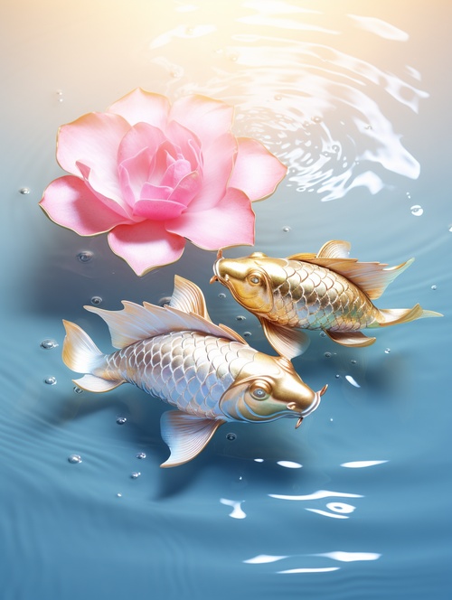 Surreal , there are two gold and pink fish made of foil on the sparkling white water with foil and jade pink lotus flower , they are make a heart shaped in the middle , beautiful curves , sunlight , spots , reflective cyan , light and shadow , sacred , natural light , cinematography , photography , real , high - definiition , high detail , clean , simple , best picture quality