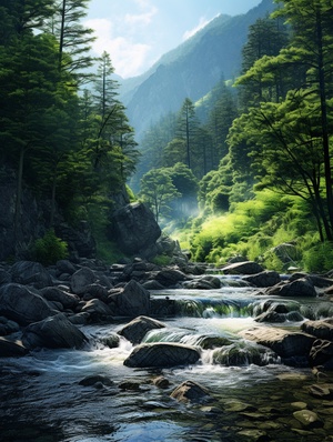 空山 新雨，松林，山涧，潺潺的溪水，明月松间照，清泉石上流。柔光，真实，高清34k画质，分辨率高 ，超高清，浓郁的氛围，意境优美。